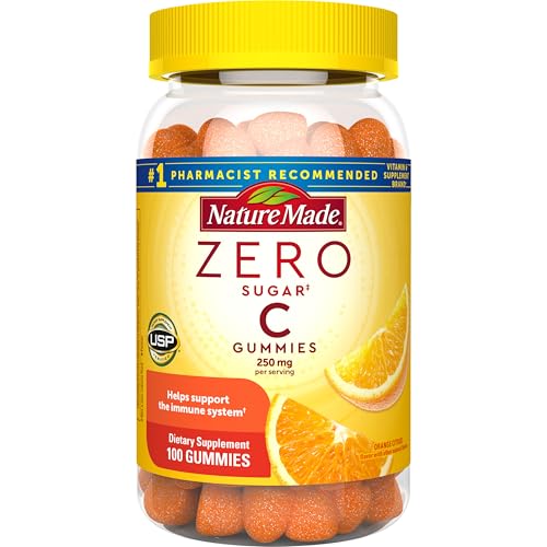 Nature Made Zero Sugar Vitamin C Gummies 250 mg per Serving, Immune & Antioxidant Support, Aspartame Free, 100 Sugar Free Gummies, 50 Day Supply