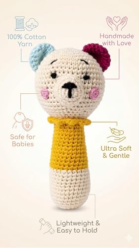 Image of Handmade Crochet Baby Rattle Toy - Soft Amigurumi Bear Teether Rattle for Newborns, Infant Sensory Toy, Baby Shower Gift (Multicolor)
