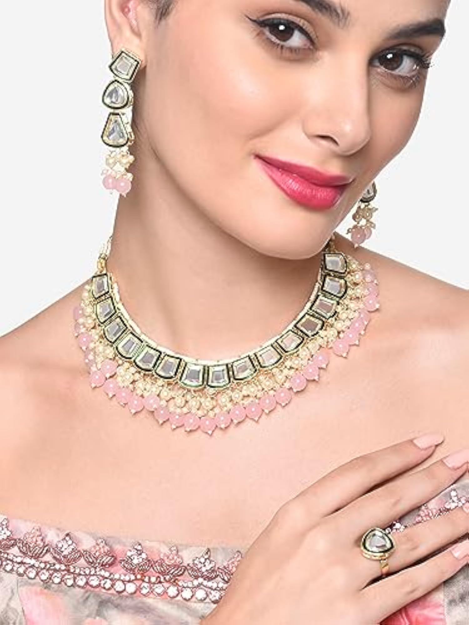 Women's Cluster Beaded Kundan Choker Necklace Earring & Ring Set