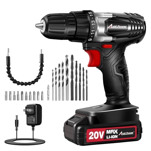 Image of Cordless Drill Set with Battery and Charger, AVID POWER 20V MAX Lithium lon Power Drill Kit, 550RPM Variable Speed & 3 /8-Inch Keyless Chuck,16 Position and 22pcs Drill Bits(Black)