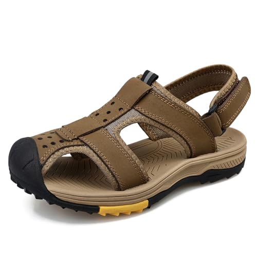 Men's Hiking Sandals Outdoor Closed Toe Walking Sandal Waterproof Non-Slip Genuine Leather Casual Sandals Adjustable