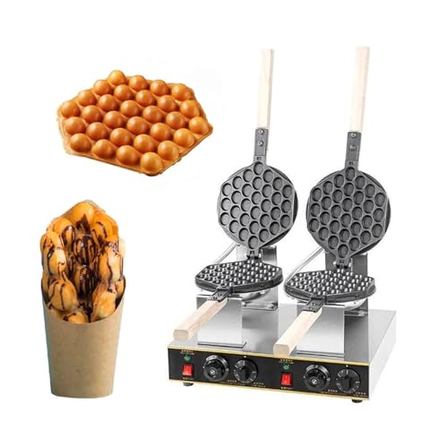 DFANCE Gofrera de Burbujas con Soltero/Doble Cabezal Bubble Waffle Comercial Antiadherente Máquina de Gofre Estilo de Hong Kong 50-250℃,Sarten Gofres Girario 180 Grado (Size:Cabeza Doble)