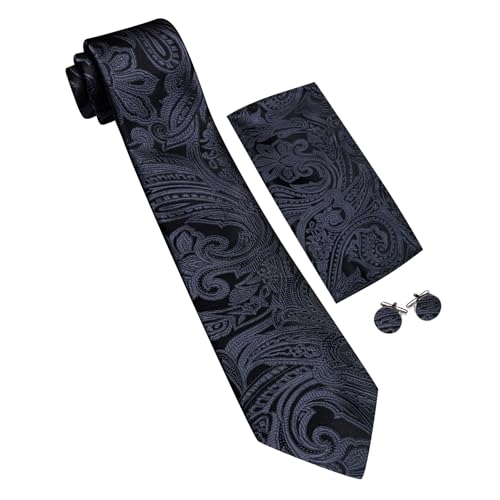 Image of Barry.Wang Men Tie Set Paisley Silk Necktie Pocket Square Cufflinks Formal Wedding Business Party