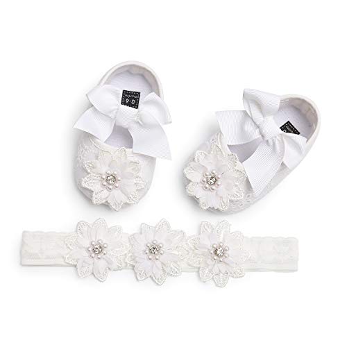 Image of Baby Girls Mary Jane Flats with Bowknot Flowers Princess Wedding Dress Ballet Shoes Non-Slip Toddler First Walkers Newborn Crib Shoes