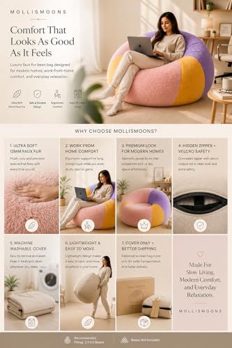 Image of Mollismoons Faux Fur Bean Bag Chair Cover for Adults & Kids | Luxury Lounger & Round Floor Sofa Seating | Modern Cozy Feel | No Beans Included (Pestal, Teardrop)