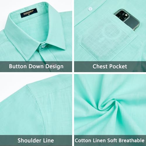 HISDERN Linen Cotton Shirts for Men Short Sleeve Casual Summer Button Down Shirt Beach Vacation Shirt with Pocket4
