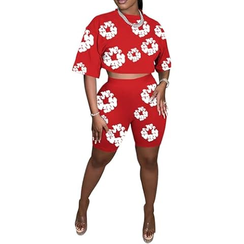qfmqkpi Women's Y2K Tow Piece Set Short Sleeve Loose Fit Tee Shirts Sweat Shorts Lounge Sportswear Red M Cover