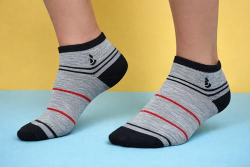 Image of Men's Ankle Length Socks, Lightweight Non-Terry, Multicolour Striped Pattern, Cotton Blend, Free Size, 5 Pair Pack