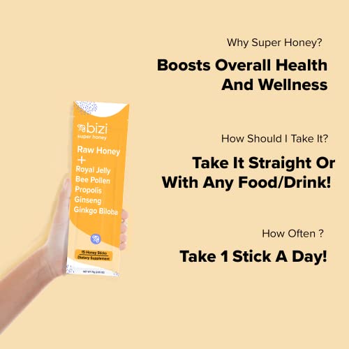 Bizi Royal Jelly Honey With Bee Propolis, Organic Bee Pollen, Ginseng, And Ginkgo Biloba (15 Single Sticks) - Alternative To Beekeepers (30) #TOP4