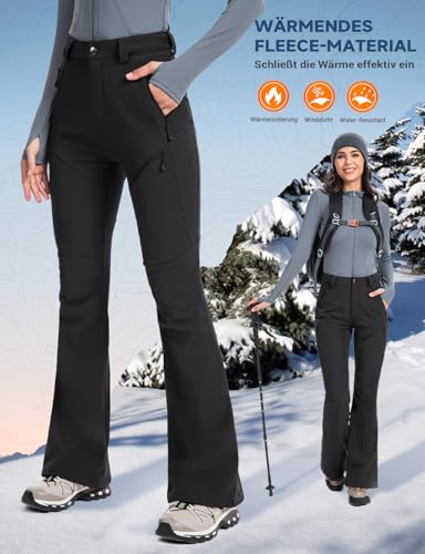 Moosehill Damen-Wanderhose-Thermohose-Wasserdicht-Skihose-Softshellhose Schneehose Gefüttert Winddicht Fleece Warm Falre Outdoor Snowboard Fahrrad Arbeit Trekking Winter Cargohose(Schwarz|38|76cm)