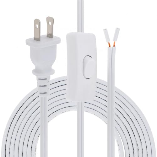 RTNLIT 6FT Lamp Cord with On/Off Button Switch and Polarized Plug Stripped Ends Ready for Wiring 18AWG SPT-2 Replacement Power Cord White