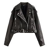 DGKaxiyaHM Women's Faux Leather Casual Short Coat Vintage Fashion Motorcycle Coat Jacket Zip Up Blazer Collar Coats (Black 1,XL)
