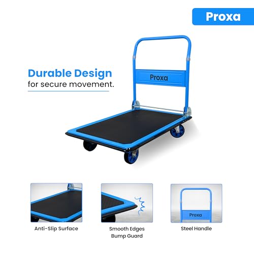 Image of Proxa 300 kg Steel Foldable Platform Trolley | Heavy Duty Material Handling Cart with 5 Inch Wheels | Portable Goods Trolley for Warehouse, Office, Home & Industry Use (91 x 61 x 85 cm)