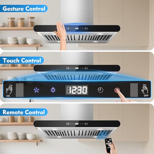 Image of Tiesay Island Range Hood 30 inch, 700 CFM Dual-Sided Ceiling Mount Vent Hood, Convertible Ducted /Ductless, Touch,Gesture & Remote Control, 3-Speed Fan, 4 LED Lights, Stainless Steel