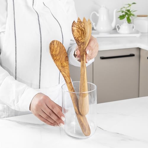 Olive Wood Cooking Spoons Set – 2pcs Handmade Wooden Spoons with Salad Serving Spoon – Durable, Eco-Friendly Kitchen Utensils with Beeswax Finish, Non-Toxic - Image 3