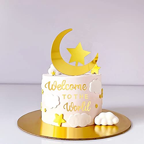 Welcome To The World Cake Topper, Acrylic Alphabet Cake Topper, Curved Moon And Stars Cake Decorations Set For Baby Shower, New Baby Gender Reveal Birthday Party Supplies Cake Decorations, Golden #TOP5