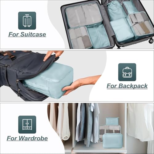 Image of 7pcs pouche Set Travel Organizer Packing Cubes Lightweight Travel Luggage Organizers with Laundry Bag or Toiletry Bag Laundry Organiser (7 PCS) (SKY BLUE)