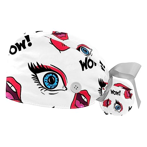 Image of 2 Pcs Working Cap with Button Sweatband Adjustable Bouffant Scrub Caps Funny Eyes Lips Pattern Working Head Cover for Women
