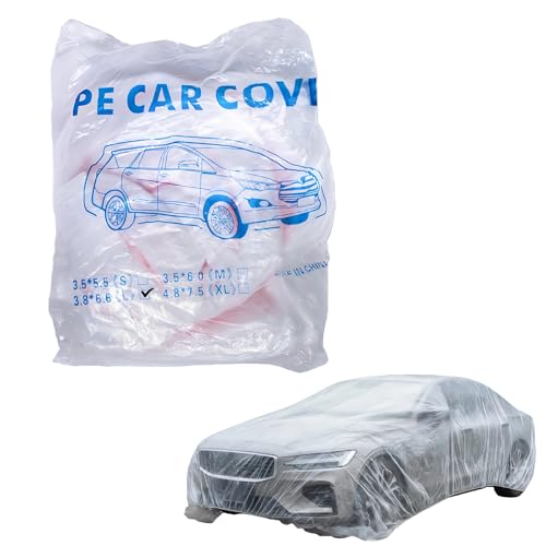 AMZAUTO Clear Plastic Disposable Car Covers, Universal Rain & Dust Protection Cover with Elastic Band for Cars, Sedans, SUVs, 12.47 FT x 21.65 FT (Transparent, L)