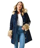 Joe Browns Female Navy Parka with Jacquard Panels & Faux Fur, Regular, Blue, UK 10