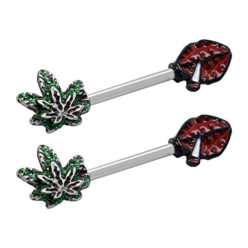 Pierce2Go 14G Nipple Piercing Surgical Stainless-Steel Set Of 2 Barbell Marijuana Weed Leaf And Lips Smoking Cute Nipple Rings Nipple Piercing Jewelry For Women - 9/16" Barbell (Green) #TOP1