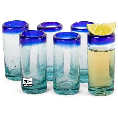 FESTMEX Authentic Hand Blown Mexican Tequila Shot Glasses – Set of 6 Cobalt Blue Rim Tequila Shot Glasses Made from Recycled Glass by Artisans (2 OZ, Cobalt) Cover