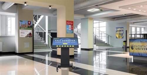 Image of Displays2go 43 inch Touchscreen Digital Signage Stand | Motorized Height Adjustable Display with Android OS & Wheels, DP043TLB