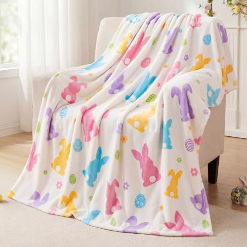 Easter Bunny Throw Blanket: Ultra Soft Flannel Plush Sketchy Spring Floral Bunny Bed Blanket Lightweight Cozy Easter Blanket for Couch Sofa Bed Living Room Home Decor Gifts 50x60