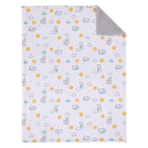 Image of Disney Winnie The Pooh White, Yellow, and Aqua Sunshine and Clouds Super Soft Sherpa Baby Blanket and Security Blanket 2-Piece Set
