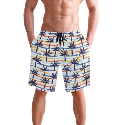 Quick Dry Coconut Tree Stripes Men's Swimming Shorts Swim Trunks with Mesh Lining Beach Wear - S