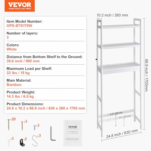 VEVOR Over The Toilet Storage, 3-Tier Adjustable Over Toilet Bathroom Organizer, Bamboo Storage Shelf Rack with 3 Hooks, Freestanding Easy Assembly Laundry Space Saver, Fit Most Toilets, White by VEVOR - Image 7