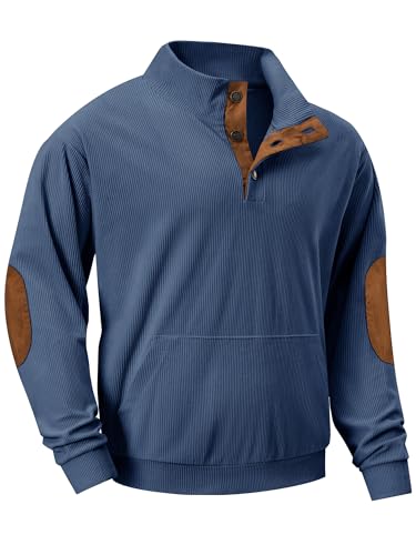 JMIERR Mens Pullover Sweatshirts Casual Long Sleeve 1/4 Button Corduroy Fall Sweaters Jackets with Pockets, 3XL, Teal Blue