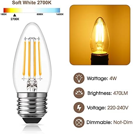 DORESshop E27 Filament Bulbs, 4W(40W Equivalent), 470LM, C35 Small Edison Screw, LED Filament Candle Bulb, Soft White 2700K, 230V, Non-Dimmable, 6 Pack