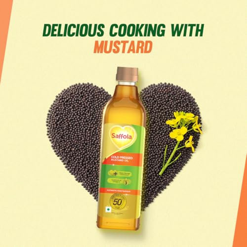 Image of Saffola Cold Pressed Mustard Oil | 100% Cold Pressed Mustard Seed Oil | Kachi ghani Mustard Oil, 0 trans fat, Unrefined, Chemical free | Helps Manage Cholesterol, Goodness of Omega 3 with Authentic Seed Flavour | 1L Pet Bottle