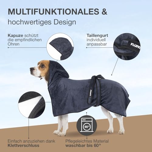 FLUFFINO Hundebademantel Dunkelblau Gr. S | Soft, saugstark, waschbar, schnell trocknend | Tierhandtuch + Klettverschluss | Badetuch Kleiner Hund + Katze | Haustierzubehör