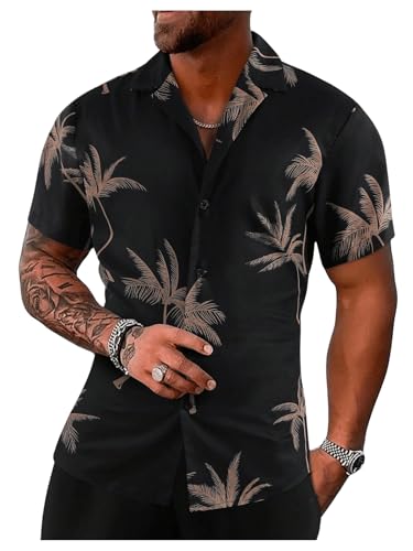 Image of GORGLITTER Men's Tropical Hawaii Shirts Short Sleeve Button Front Collar Neck Beach Summer Shirts Black Medium
