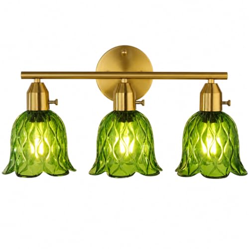 Image of 3-Light Bathroom Light Fixtures, 17.9 inch Gold Vintage Vanity Lights with Clear Green Tulip Glass Shade, Bathroom Wall Lamp for Mirror Kitchen Living Room Hallway Cabinet Porch