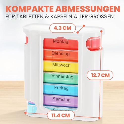 MC-Trend Tablettenbox 7 Tage – Wochendispenser mit 4 Fächern pro Tag, farbcodierte, herausnehmbare Tagesboxen, robuster Turm-Organizer aus BPA-freiem Kunststoff, kompakt 11,4 × 12,7 × 4,3 cm