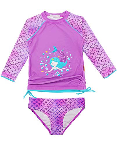Little Girls Mermaid Rash Guard Scales Swimsuit Long Sleeve Two Piece Bathing Suit Swimwear UPF 50+ Protection 5-6X