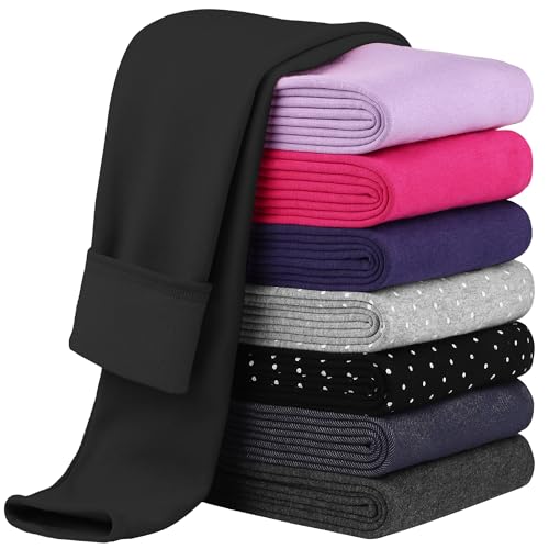 Cooraby Girls Cotton Fleece Lined Leggings Thick Thermal Pants Kids Basic Full Length Tights Winter Warm Clothes Black