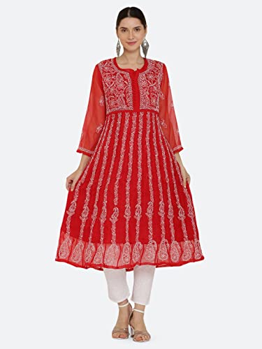 Image of FAWOMENT Women's Georgette Yok Anarkali Kurta with Intricate Lucknowi Chikankari Fine Hand Crafted Embroidery