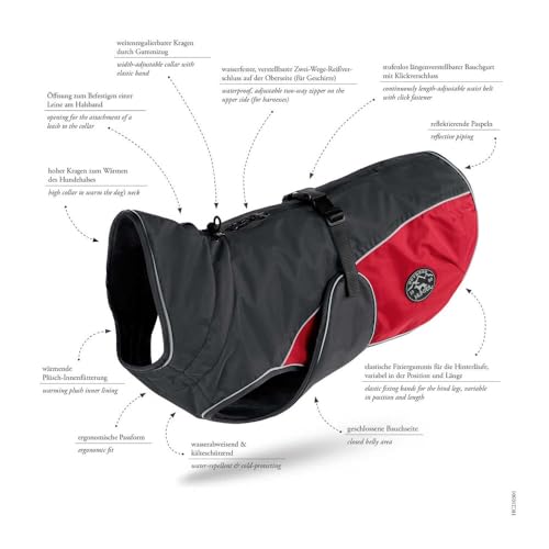 HUNTER Hundemantel UPPSALA COZY, Farbe: anthrazit/rot, wasser- und windabweisend, wärmendes Innenfutter, reflektierend, optimaler Komfort, waschbar bei 30 °C, für kalte Tage, Größe: 45