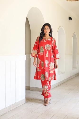 Image of LookMark Women's Viscose Rayon Printed Stitched Kurta with Pant | Red Color Kurta Set | Kurta with Pant Set for Woman | Printed Kurta Set