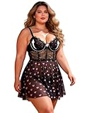 ohyeahlady Camisón Corto Tirantes Mujer Encaje Talla Grande Vestidos Playeros Push Up Camisolas Dormir Babydoll Cuello V Pijamas Suaves Transpirables Camisones Lenceria Curvy con Tanga Negro,XXL