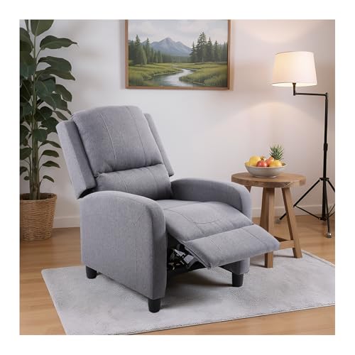 Warmiehomy Modern Fabric Recliner Chair High Back Reclining Chairs Thick Padding Occasional Reclining Armchair with wood legs for Living Room Bedroom Home (Grey)