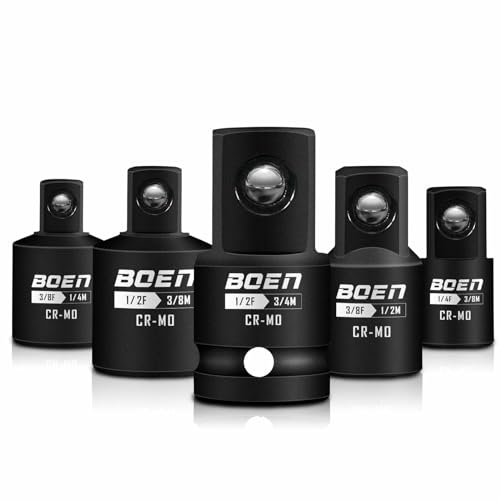 BOEN 5 Piece Impact Socket Adapter Set and Reducer Set, Standard SAE, 1/4", 3/8", 1/2" Drive Socket Adapter Set, CR-MO Steel Impact Adapter Conversion Set for Impact Driver Wrench