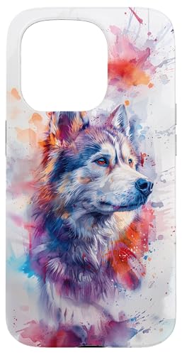 Siberian Husky Colorful Watercolor Graphic Case for iPhone 15 Pro