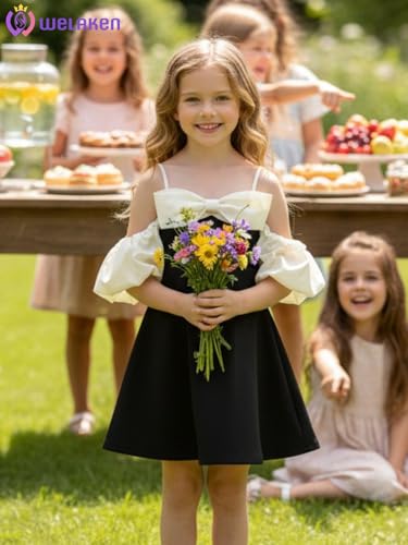 WELAKEN Puffy Sleeve Bowknot Dress for Girls Toddler & Kids II Little Girl's Spaghetti Strap Party Dresses3