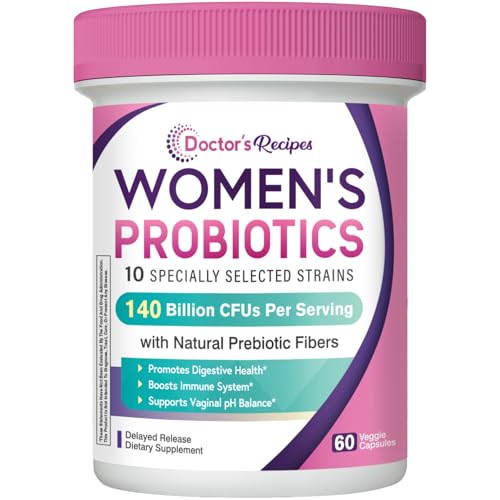 Doctor's Recipes Probiotics for Women, Organic Prebiotics and Probiotics for Digestive Health, Vaginal Health, 140 Billion CFU, 10 Strains, Shelf Stable, 60 Capsules