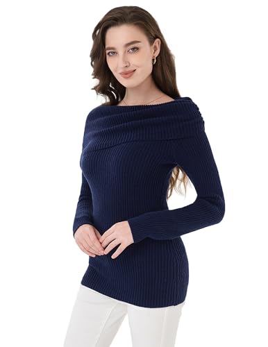 AmélieBoutik Women Off Shoulder Sweater Dressy Casual Slim Fit Long Sleeve Ribbed Knit Going Out Tops Blouse2